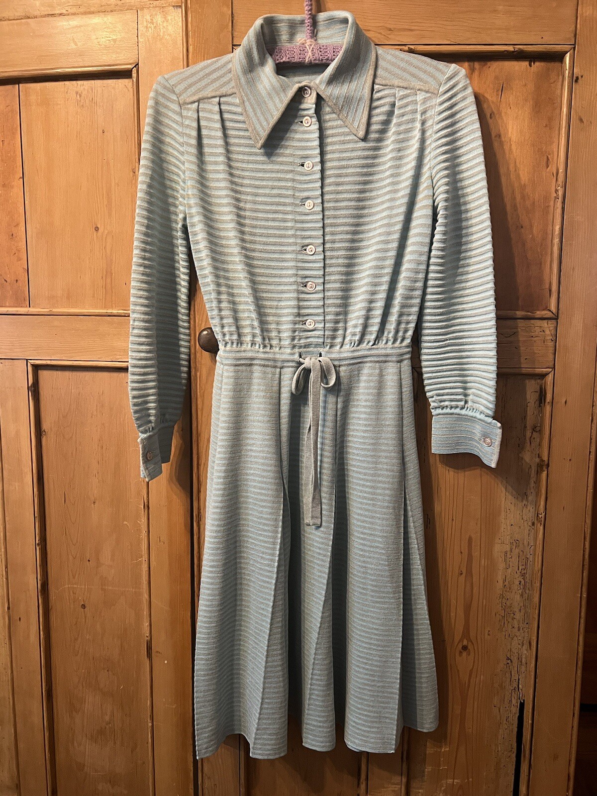 Vintage Nylon Knit Sky Blue/Grey Stripe Dress 50’s Lg Pleat W/ Draw String Waist