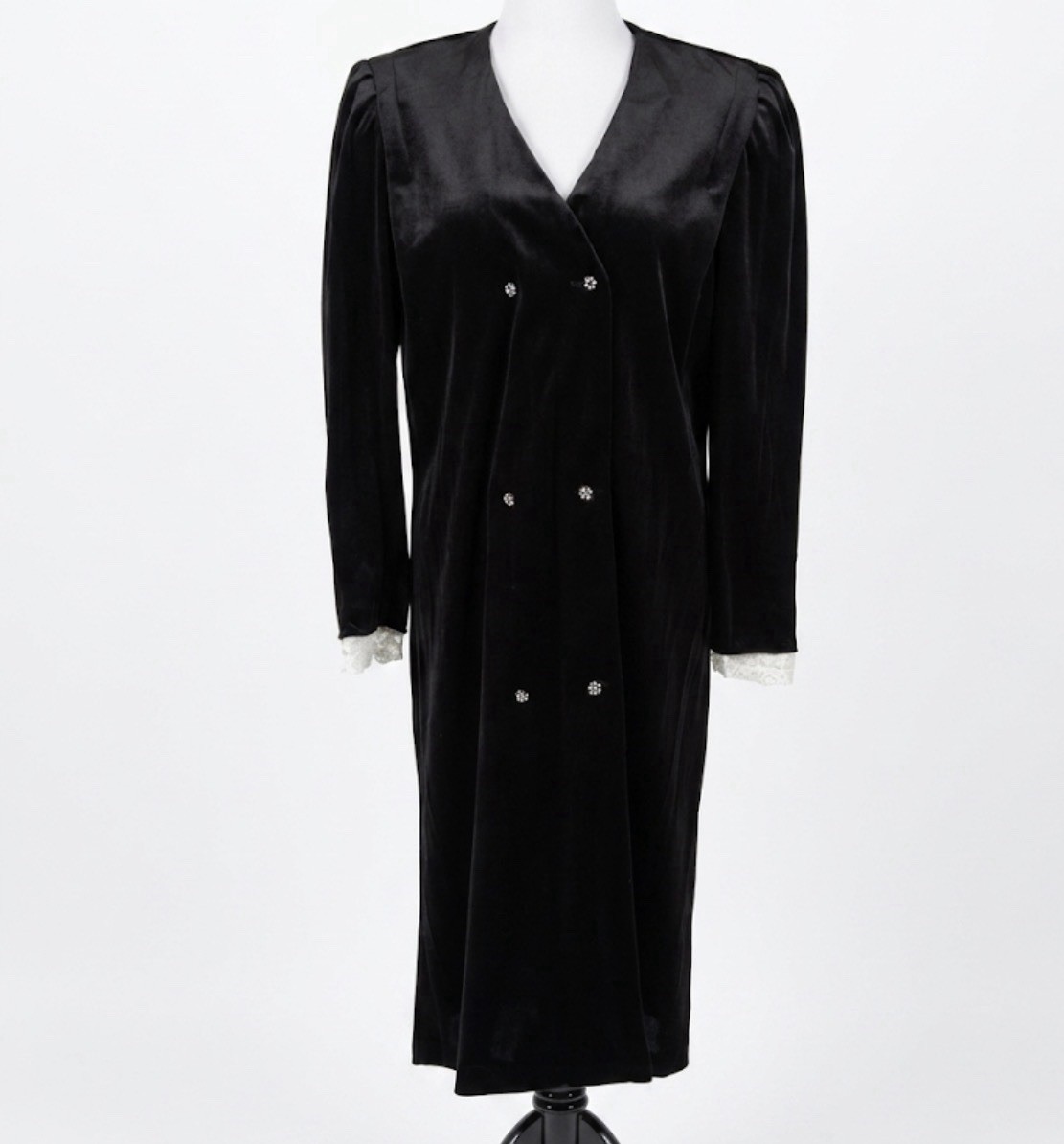 VTG 70s Checkaberry Black Velvet Dress Robe Rhinestone Buttons Lace Cuffs Sz 10