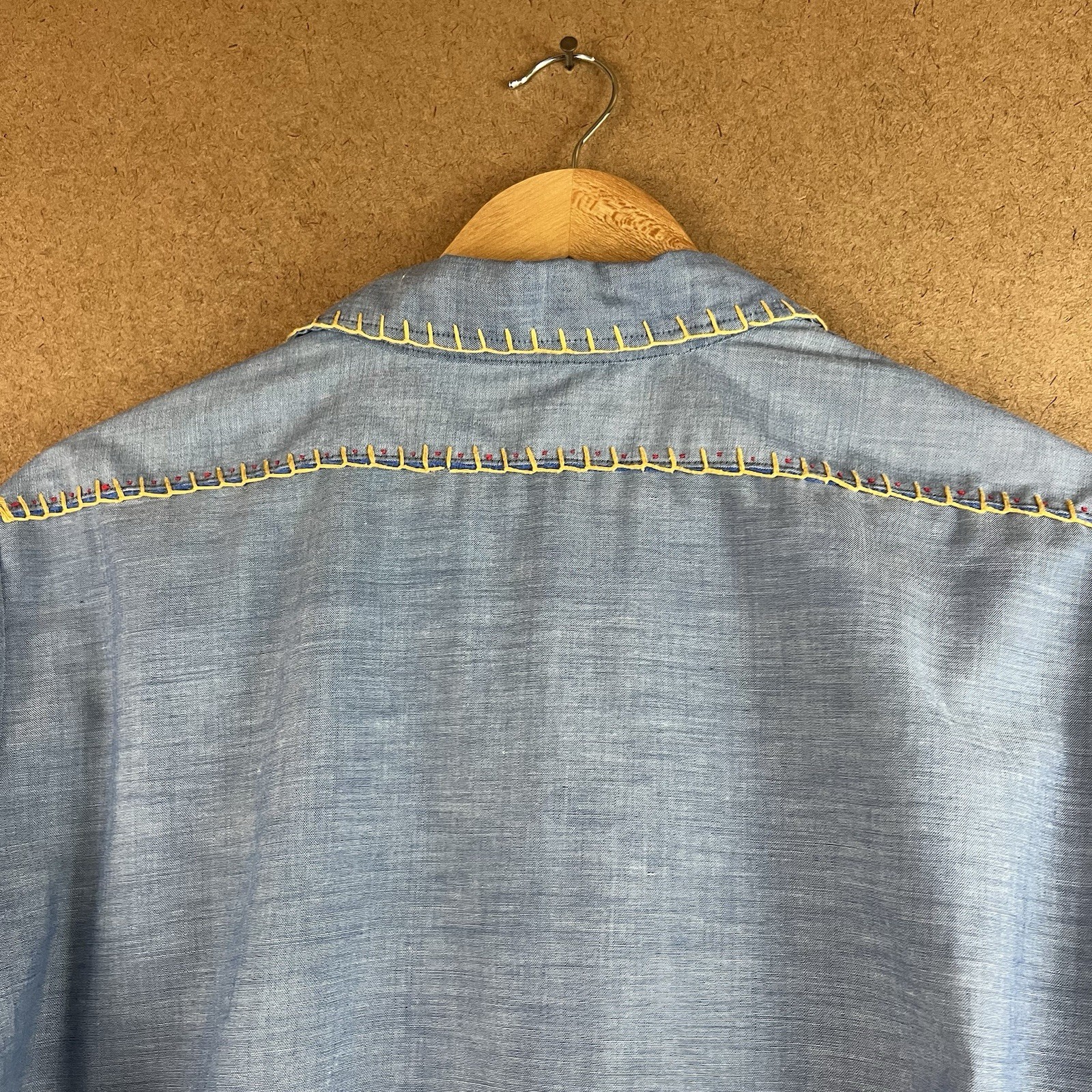 VTG 70s Key Imperial Embroidered Flowers Chambray Work Shirt Boho Hippie L USA