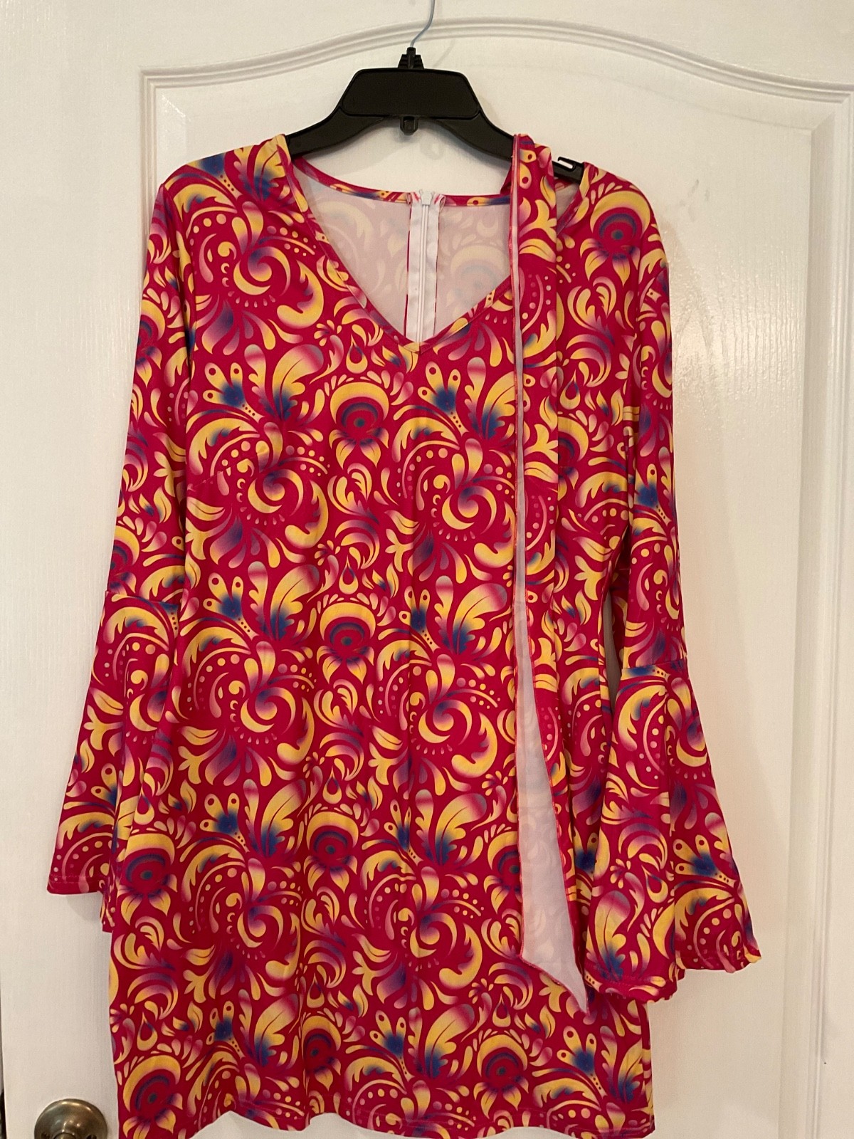 70’s Print Dress Orange/Red Long Flare Sleeves Zip Back w/Headband size M/L