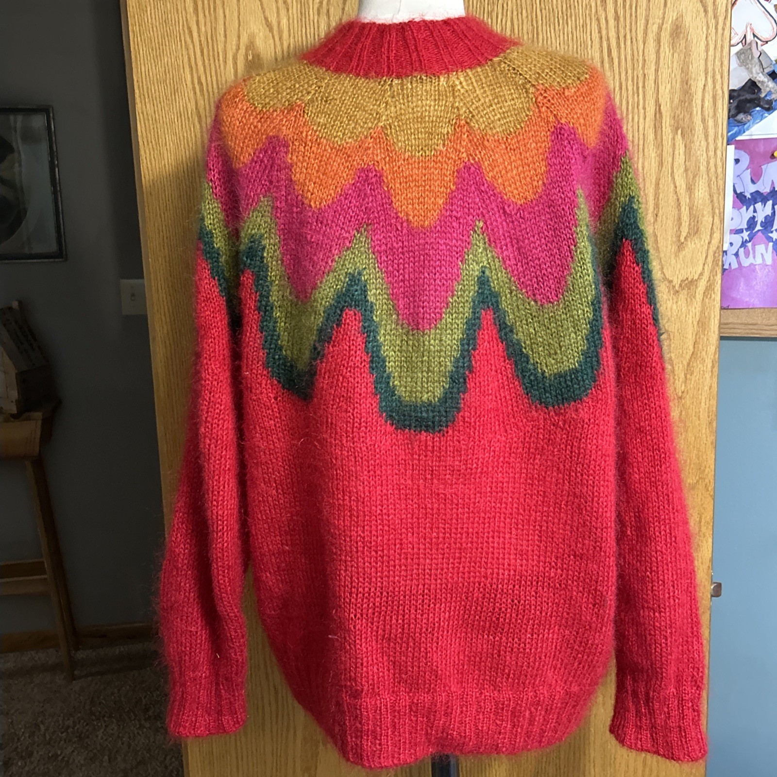 1980’S SWEATER MAURICE SASSON KIKIT RED MOHAIR MOCK TURTLENECK MEDIUM ZIG ZAG