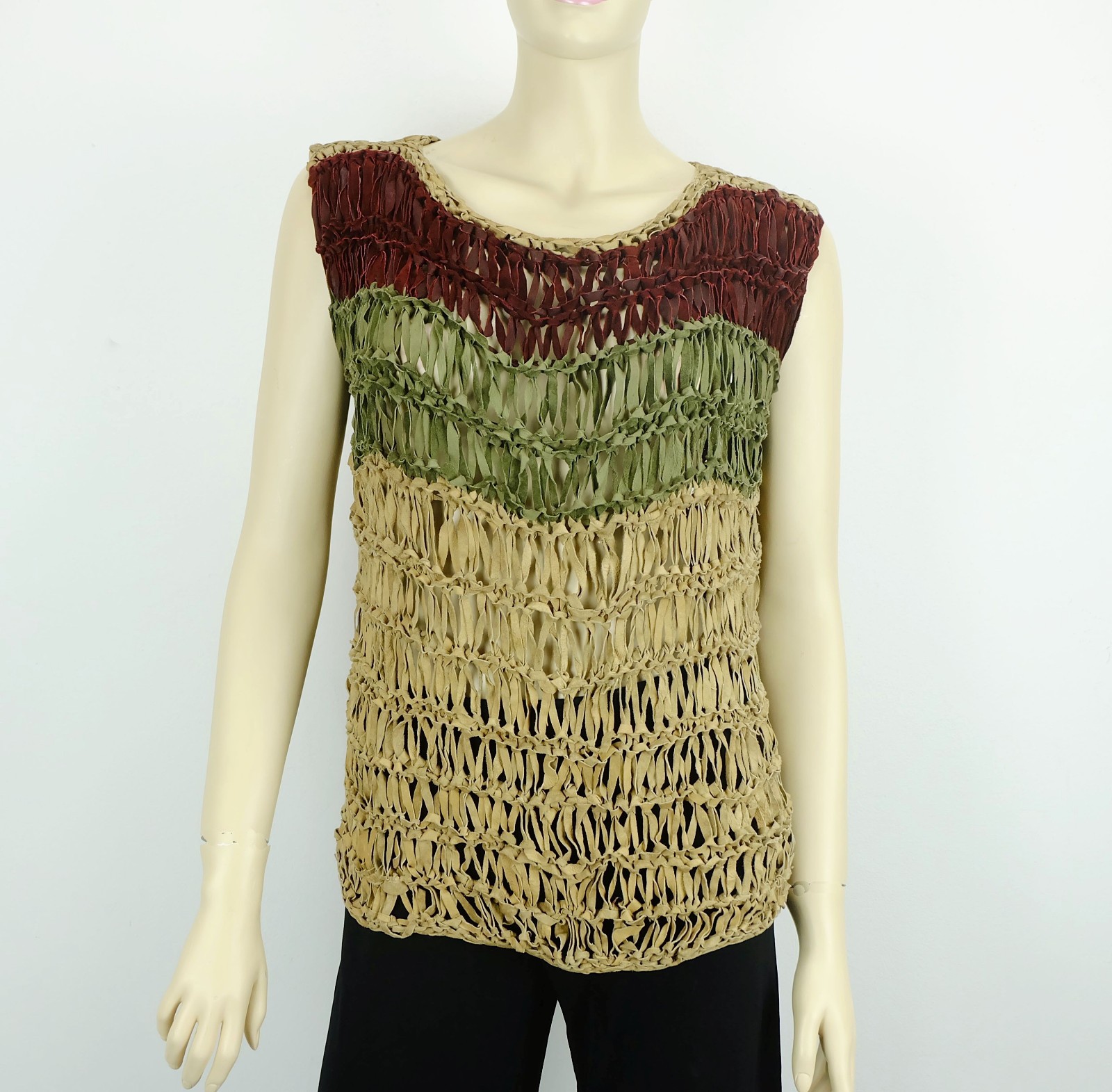 80s Suede SWEATER Sleeveless Top Hand Knitted Chunky Knit Size M Tri Tone