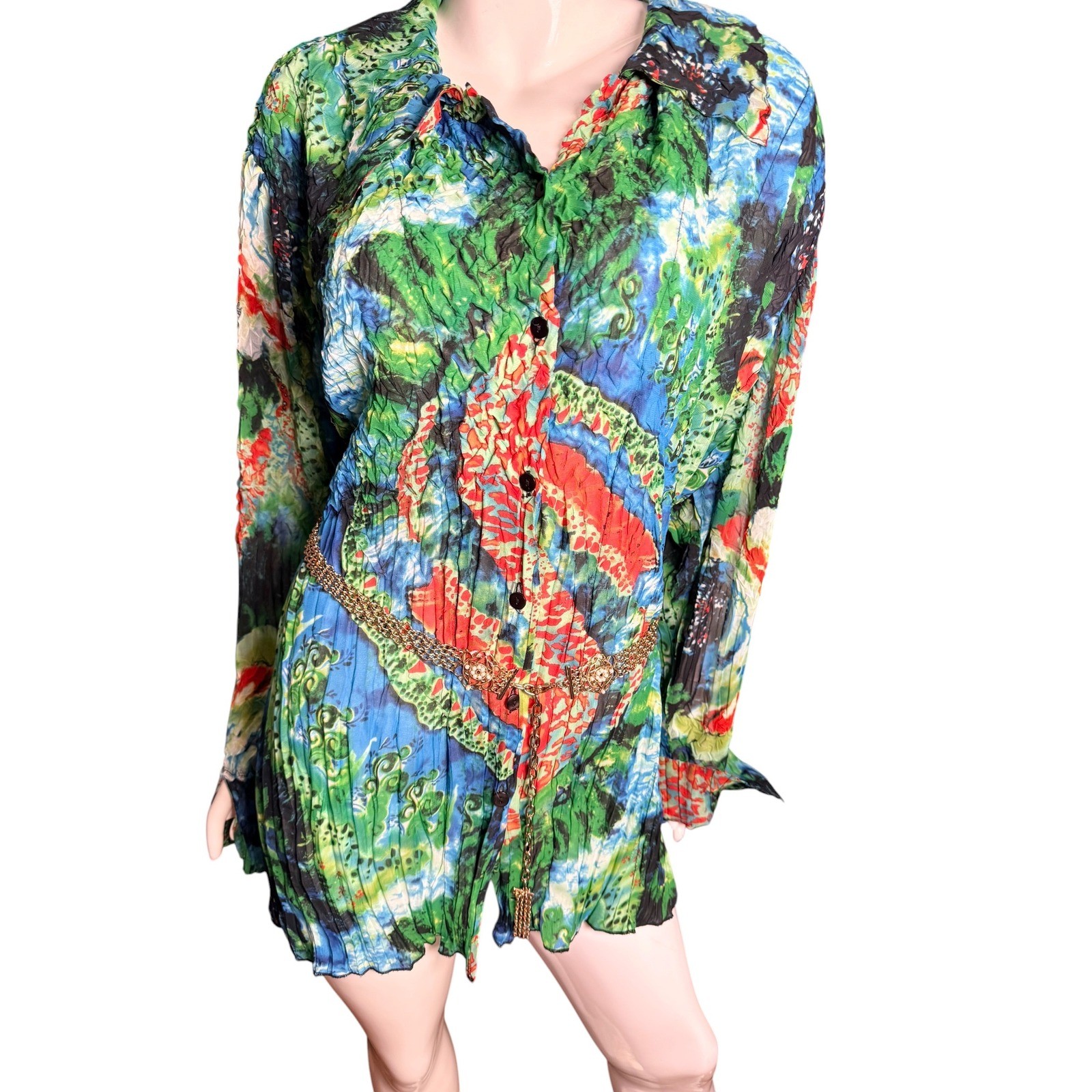 Vintage 90s Alberto Makali Crinkle Tunic Blouse 2X Multi Color Abstract Pleated