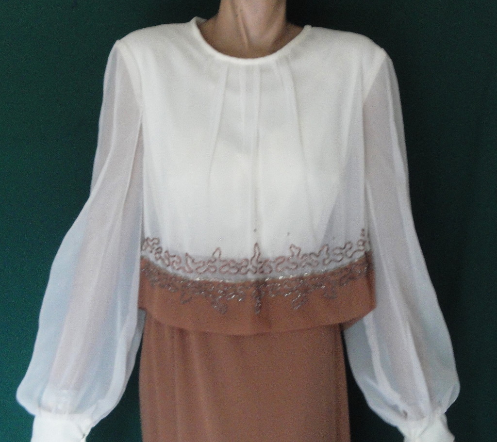 Vintage Long Dress Brown and Cream Chiffon Polyester Beaded Rhinestones 20 1/2