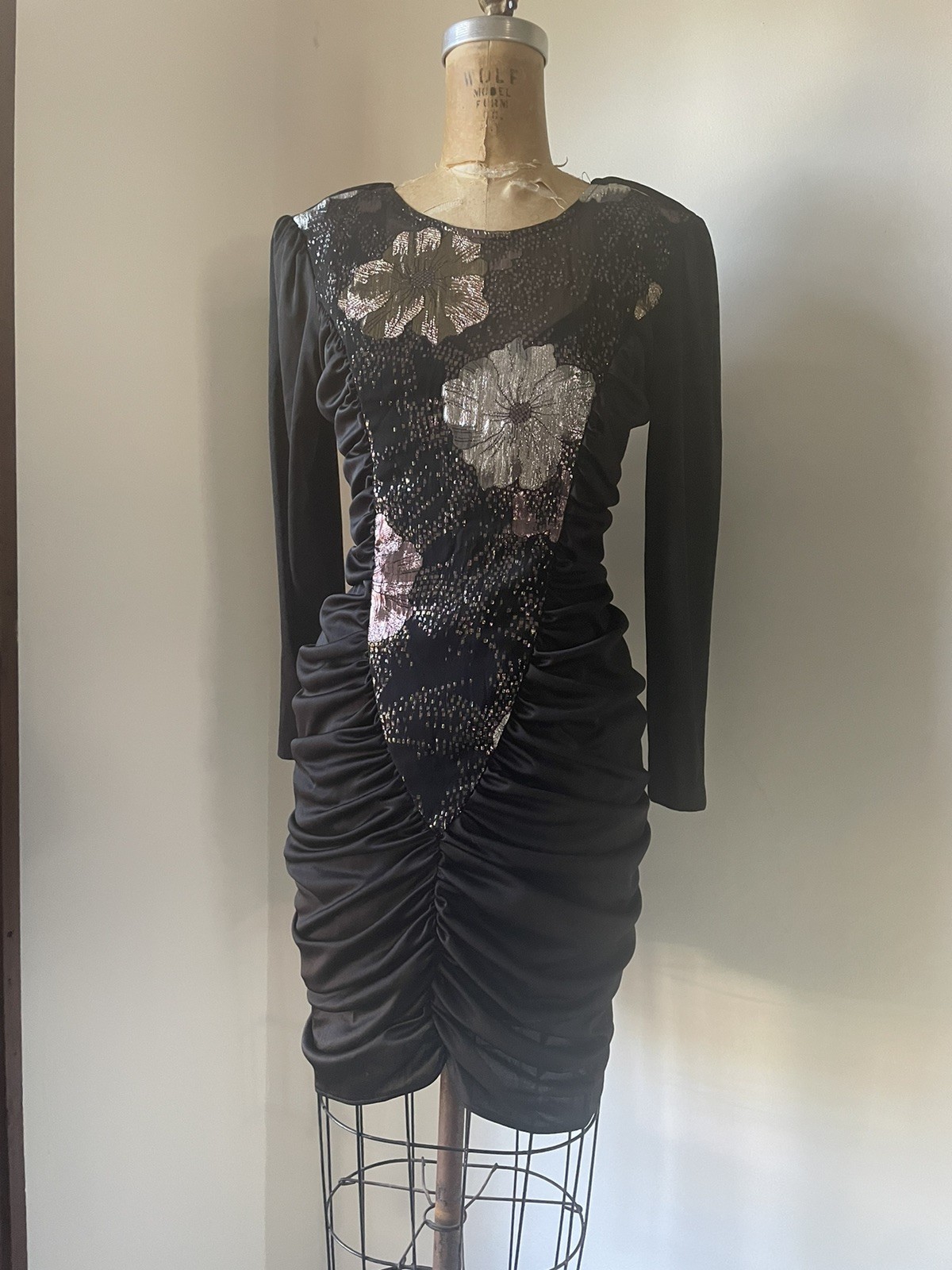 Vintage ‘80s Glam Mini Dress Coffin Ruched Black & Sparkly Lurex Body Con XS