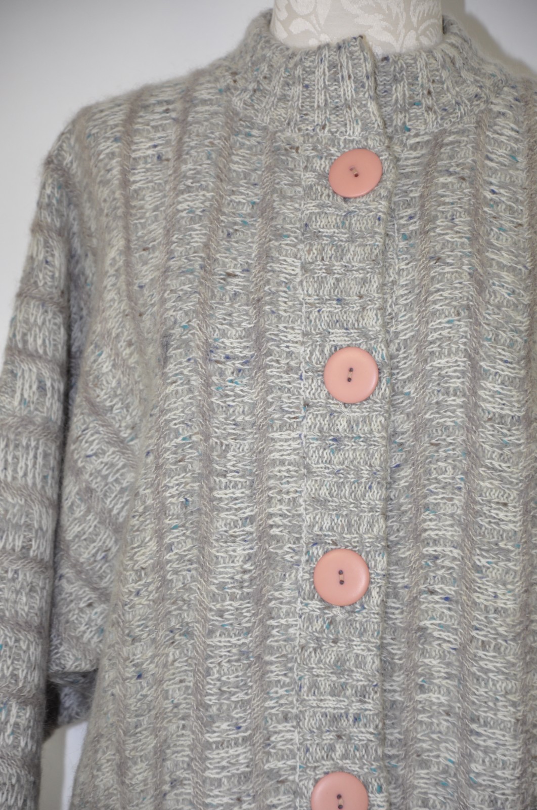 80s Vintage Gray Fuzzy Wool Mohair Buttoned Cardigan Sweater Jacket Women L XL