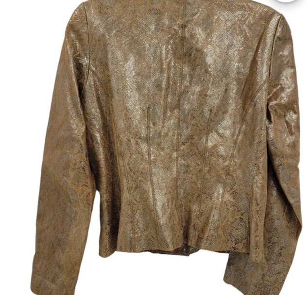 Vtg 90’s Designer Vakko Blazer Leather Jacket Metallic Snake Print Mustard Sz8