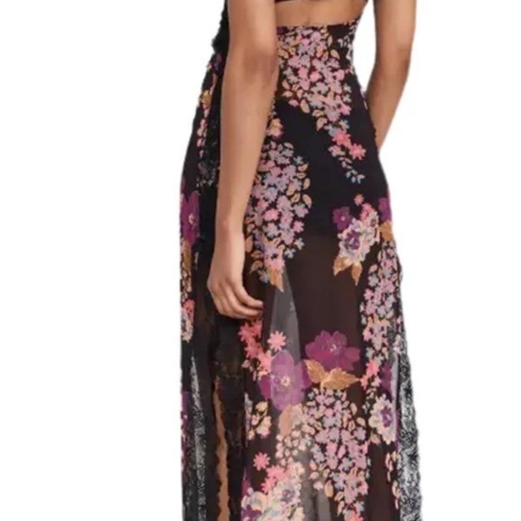 Y2K Slip Maxi Dress Floral Print Cutout Sweetheart Neck Backless Slit Medium 90s
