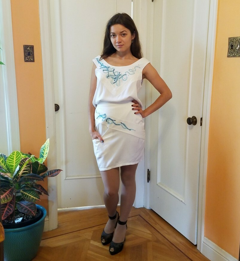 Vtg 80s Wht 3 Pc Jacket Top Skirt Sz M Turquoise Sequins Beaded IIF Art to Wear