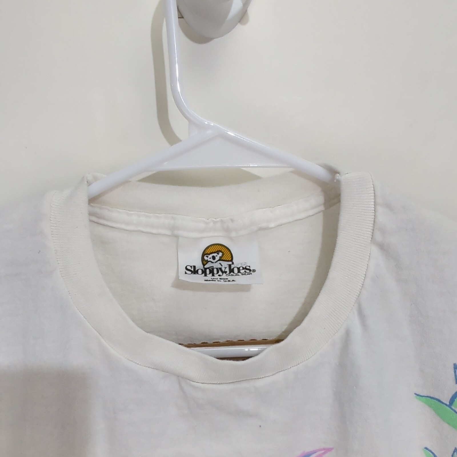 Vintage Floral Art Tee T Shirt Large Bird Pastel White Big Print Sloppy Joes