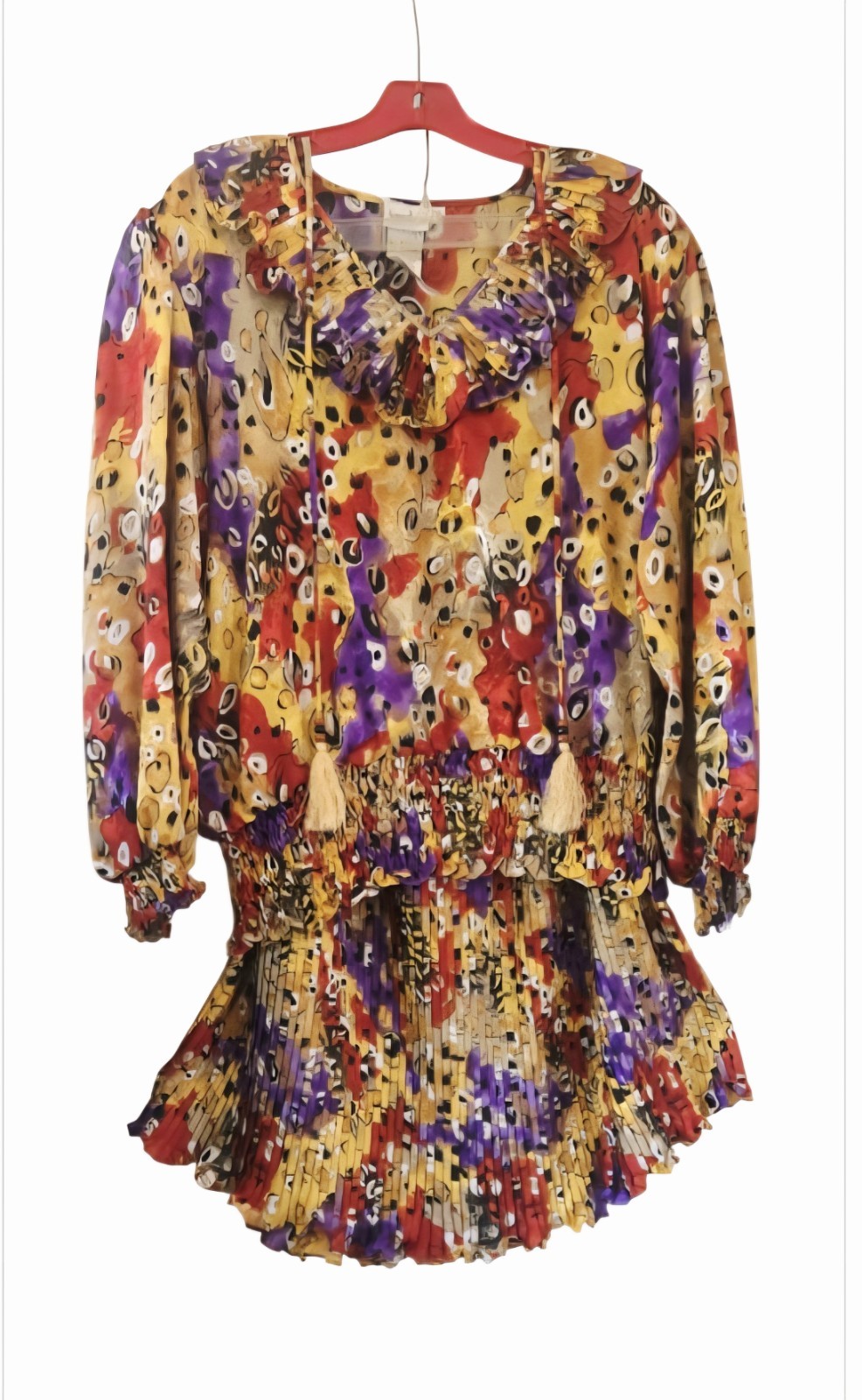 1980s MONTAGE BY MOSAIC Colorful Vintage Ruffled Pleated Full Sweep Skirt Set XL