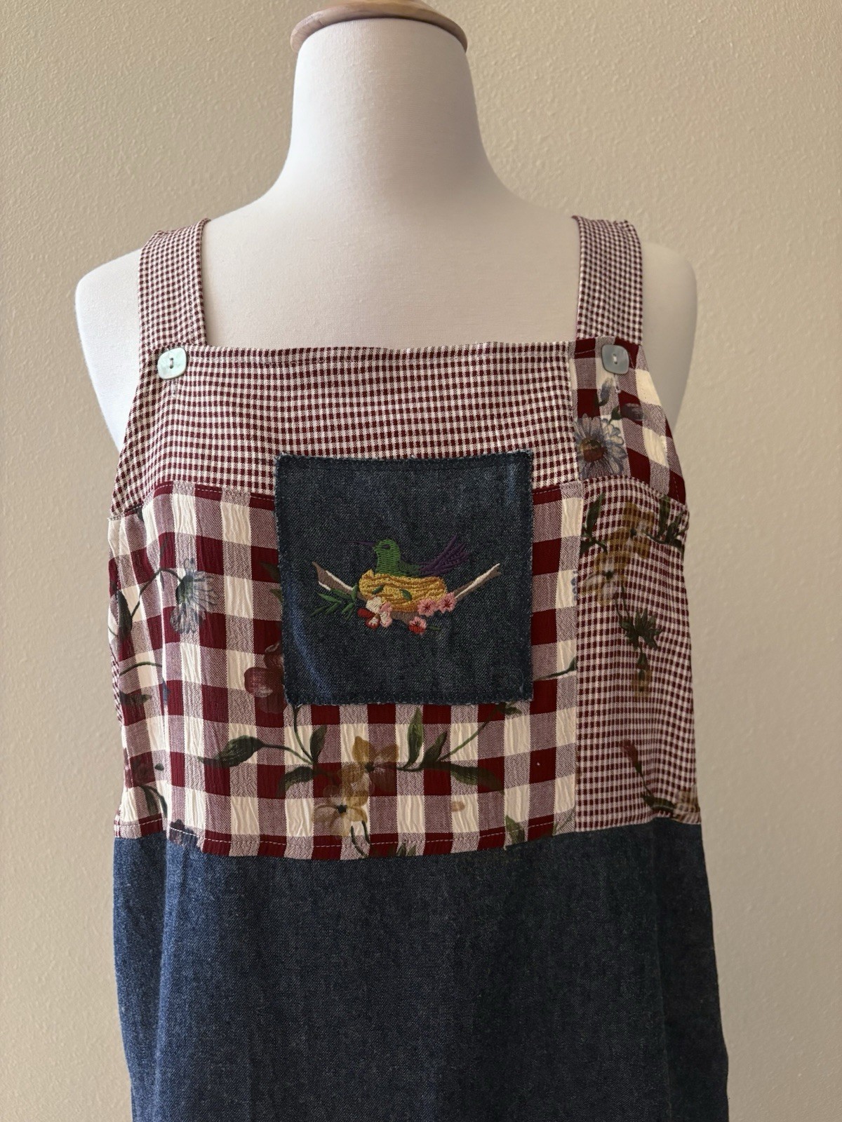 Teddi Vintage 90s Overalls Jumper Blue Denim Red Plaid Bird Maxi Dress PL