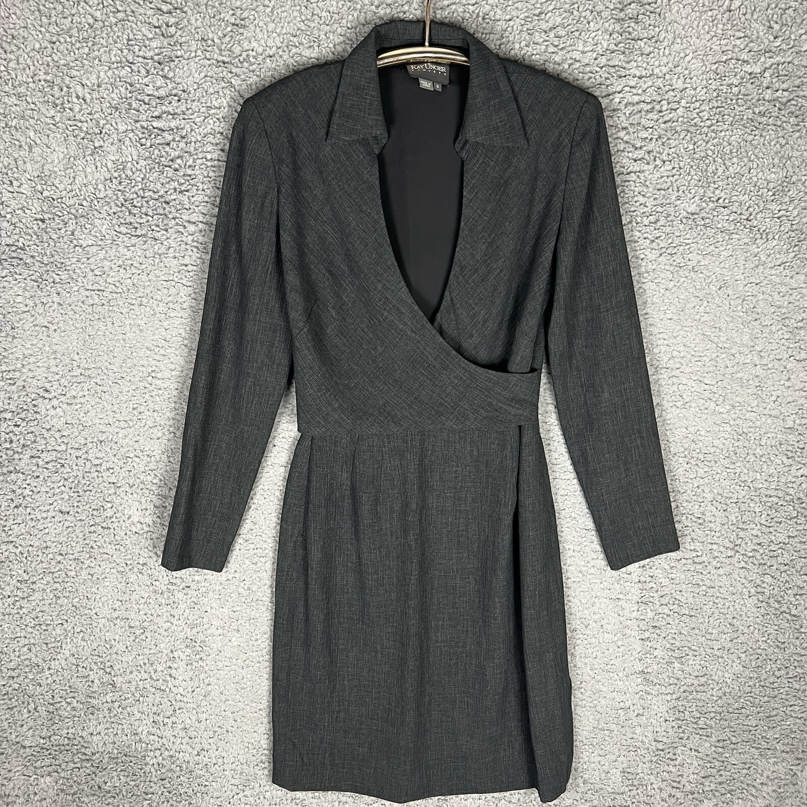 VTG Kay Unger New York Grey Dress Womens 6 Side Zip Long Sleeve Collared V-Neck