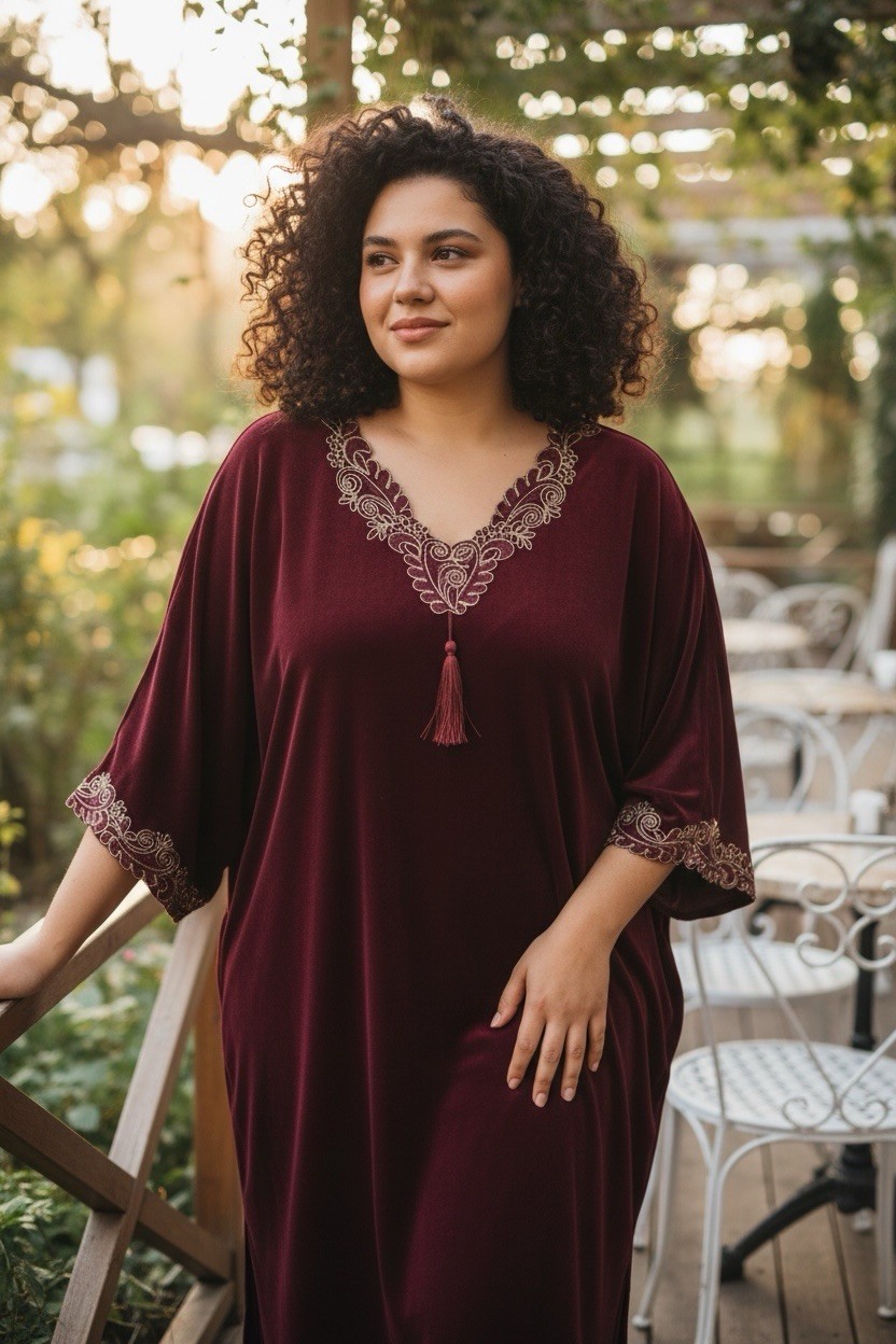 VTG Intimate Style Missy Caftan Velour House Dress Burgandy/Gold Tassel Greek