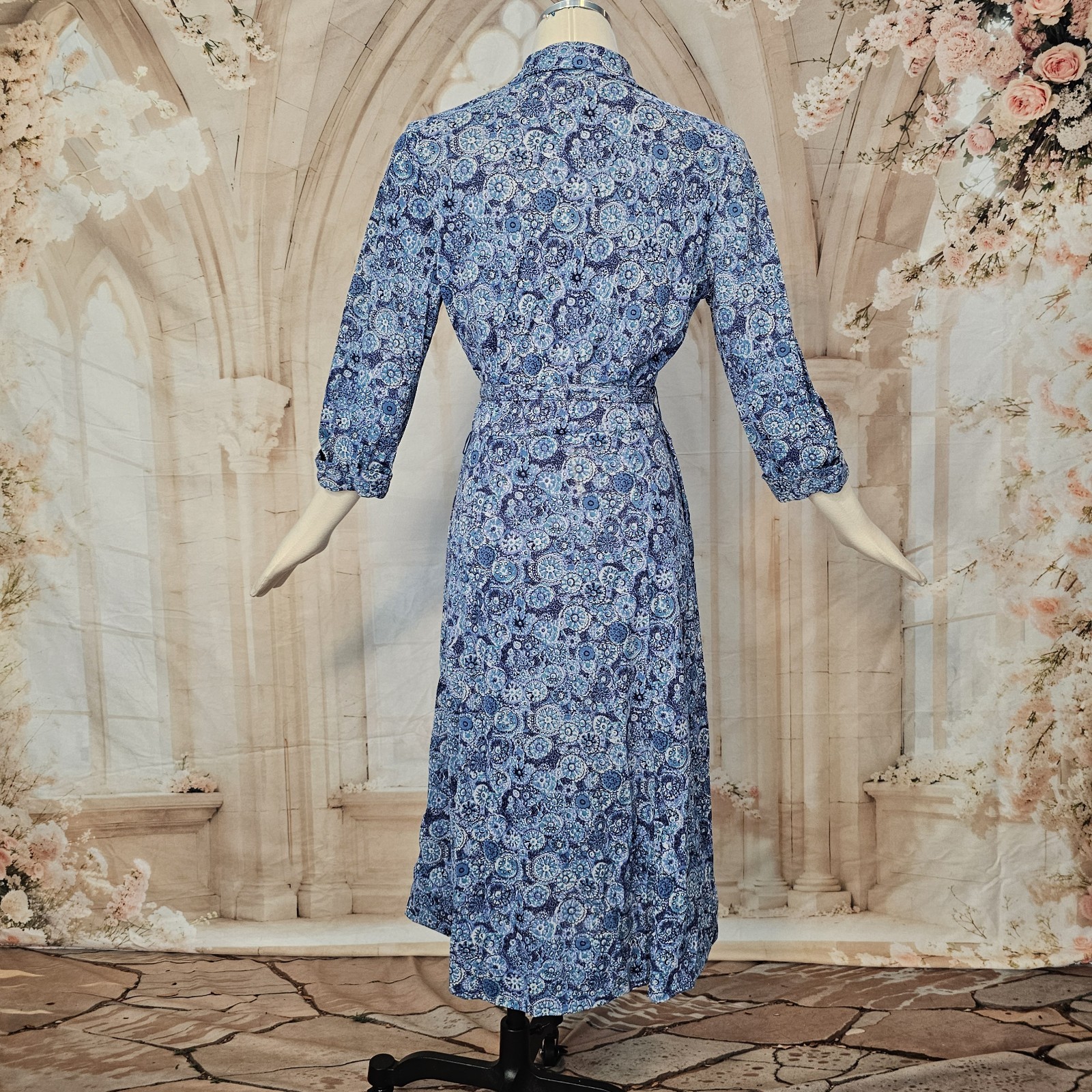 Vintage 1960’s Dress Button Up Blue White Floral 3/4 Length Sleeve Collar Pinup