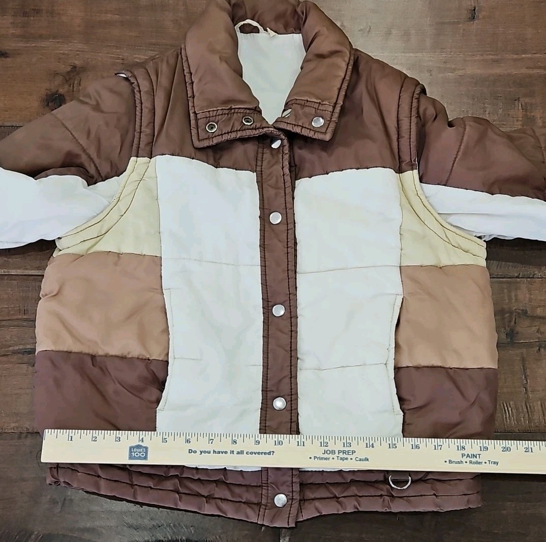 VINTAGE RETRO 1970’S MULTICOLOR NYLON PUFFER JACKET W REMOVABLE SLEEVES SIZE S