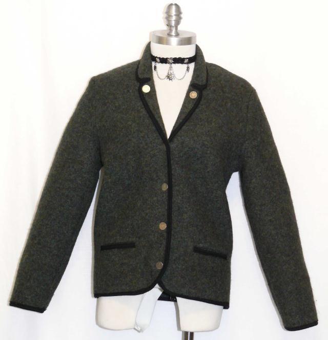 GREEN BOILED WOOL JACKET Women German Hunting Car Walk Coat Eu 40 6 8 S B38″