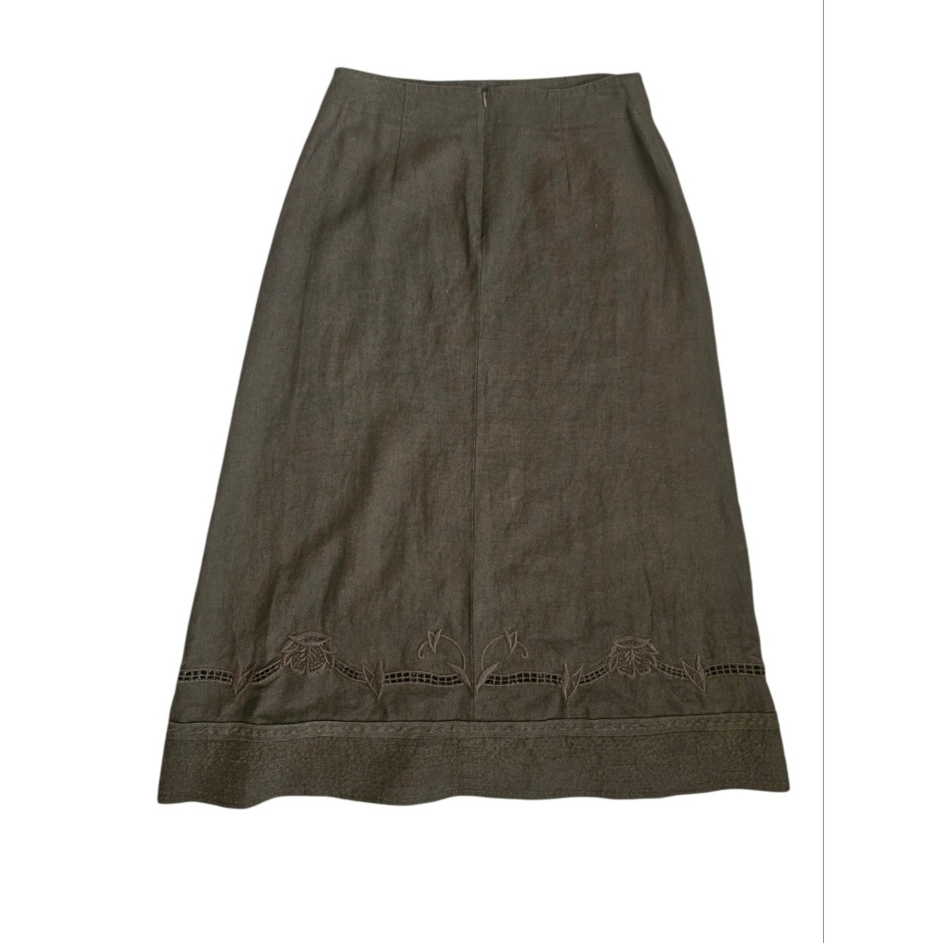 Cabi Chocolate Brown Linen Embroidered Skirt Sz 12 Boho Cottage Prairie Peasant