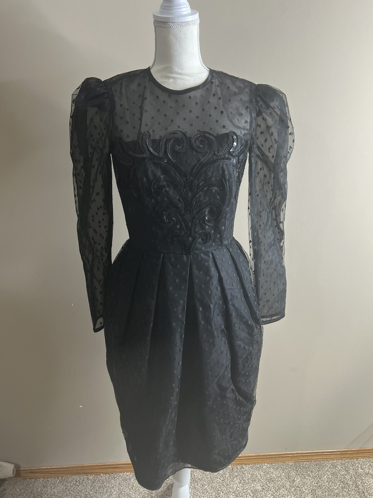 Vintage Nuit Black 1980 Prom Dress Sheer Overlay 6 Halloween Wednesday Adams