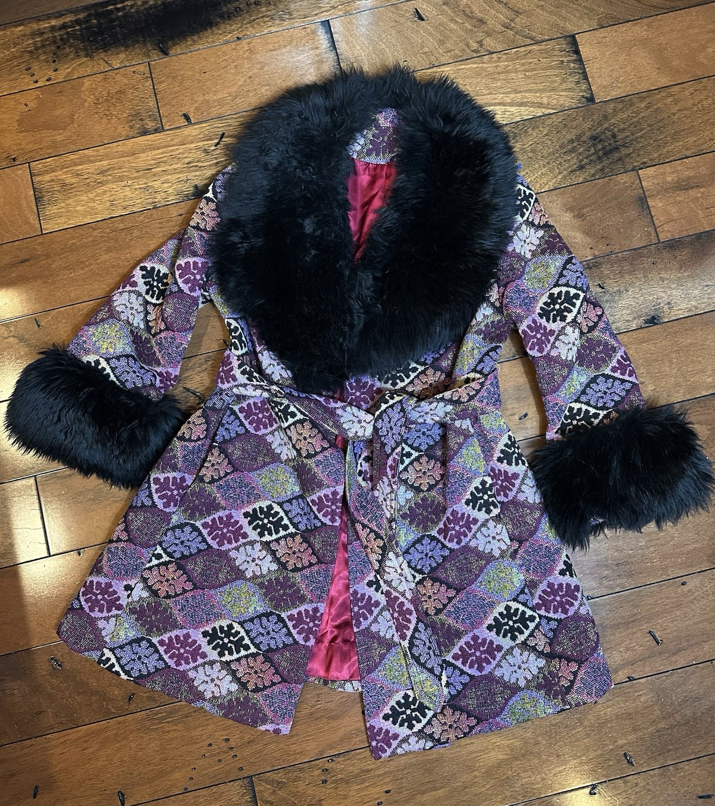 Vintage Tapestry Carpet Bag Long Coat Womens Purple Mosaic Belted 70s Boho Hippy