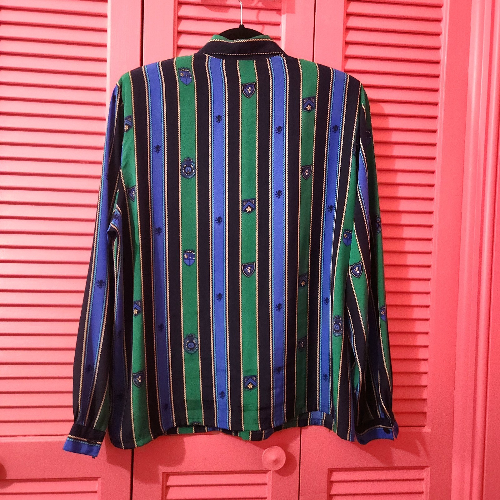 Fancy Elegant Vtg 80s blue green striped equestrian hidden button blouse size 10
