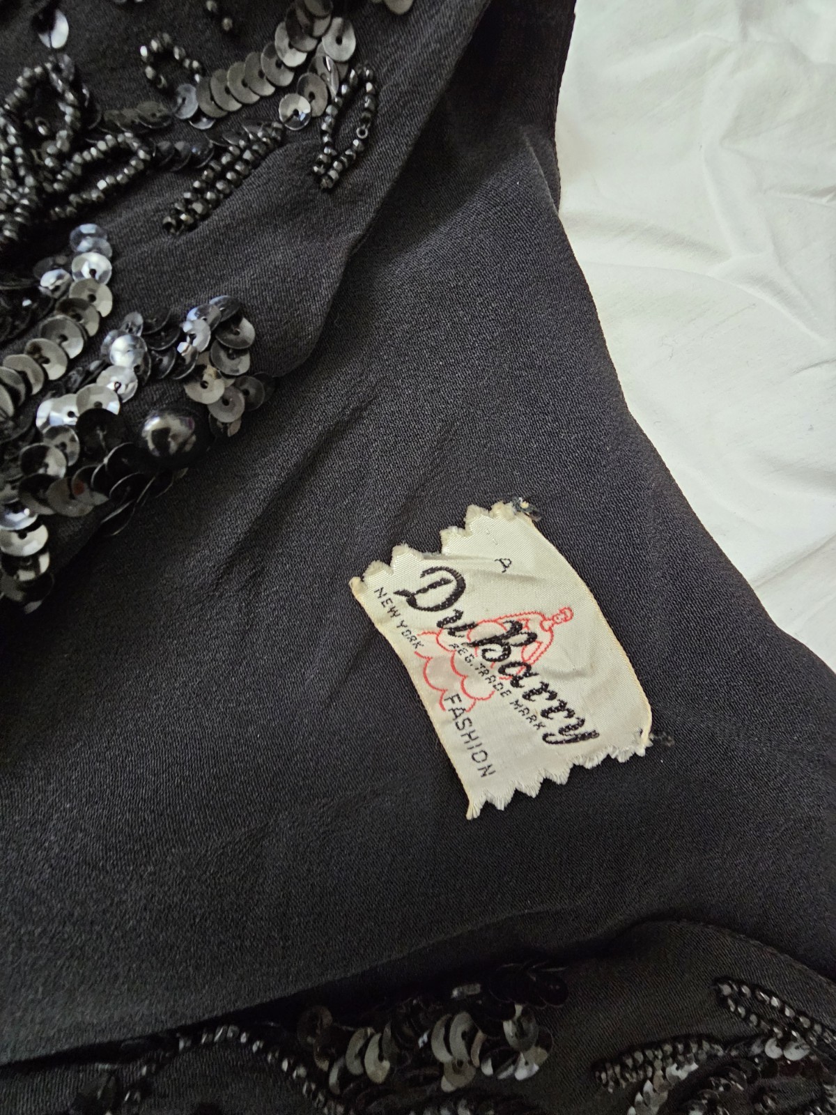 Vtg 40s DuBarry Black Rayon Crepe Beaded Evening Maxi Dress W28-29″