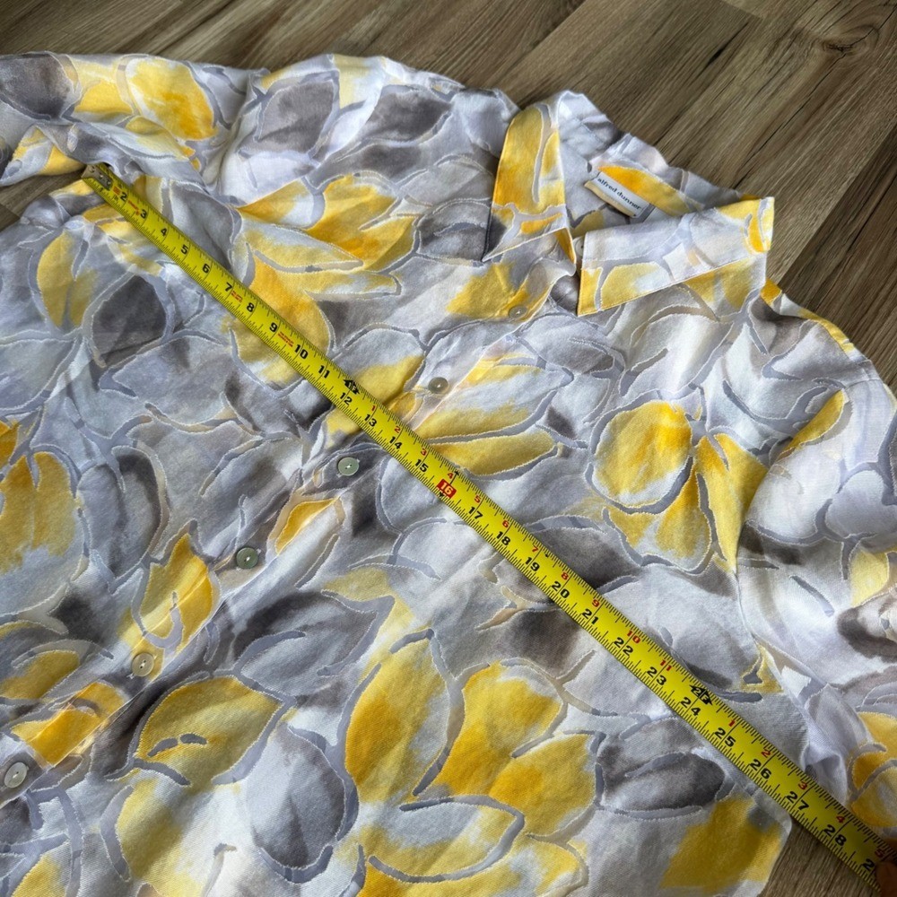 Vintage Yellow Grey Floral Burnout Sheer Button Up Blouse 24W 3/4 Sleeve