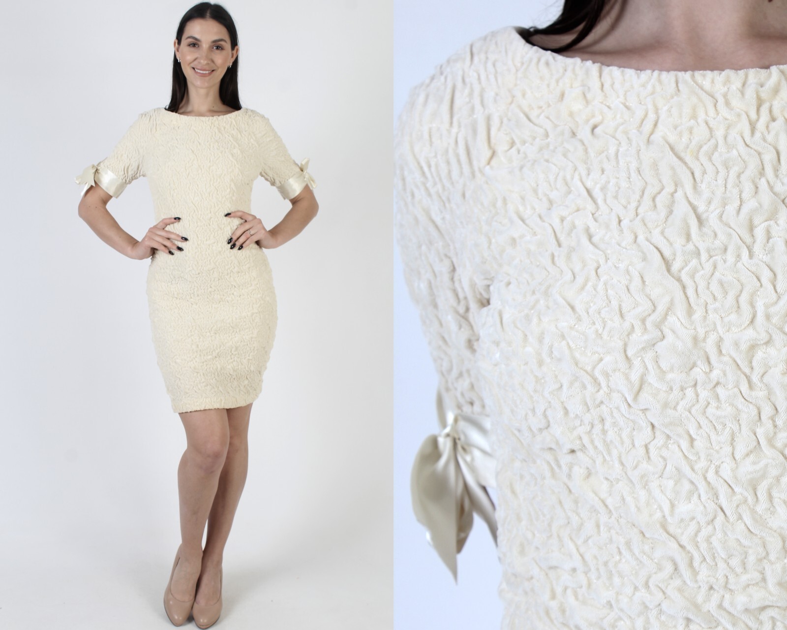 Vtg Formfitting Sexy Bodycon Dress Origami Embroidered Slim Fit Party Short Mini