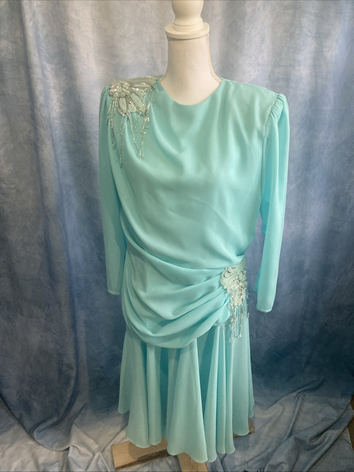 VTG 80s Abby Kent Aqua Mint Beaded Draped Cocktail Dress Ruched Fit Modern Small