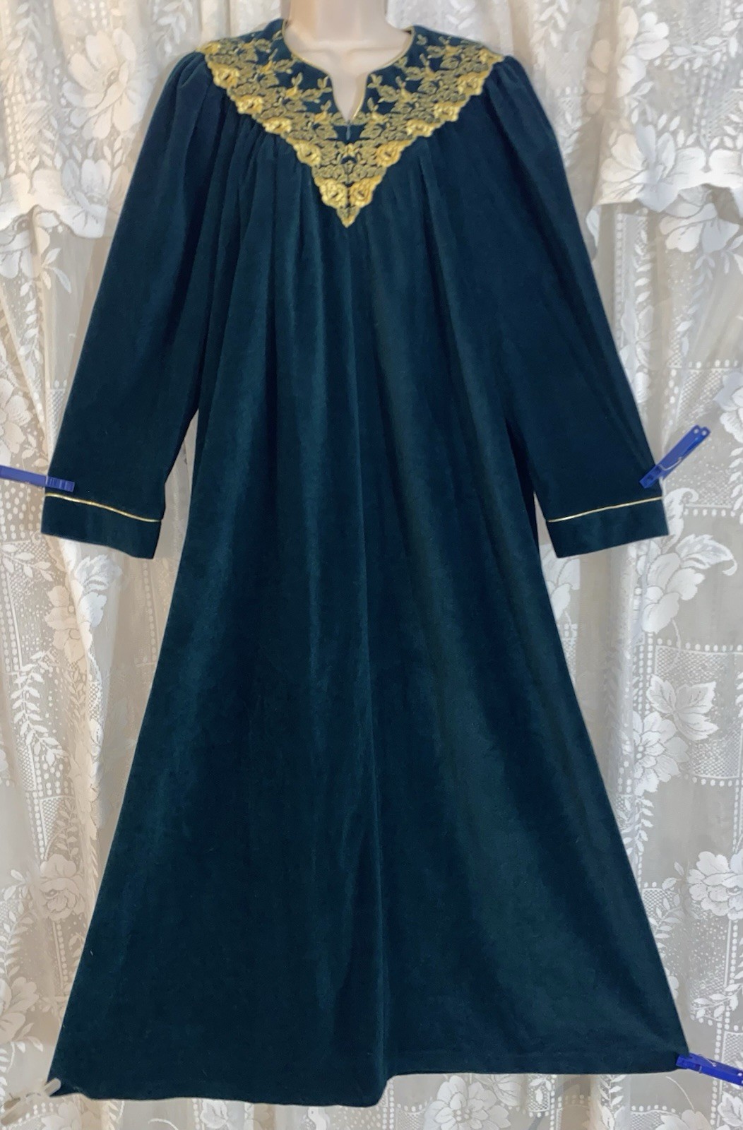 Vtg L XL Emerald Green VANITY FAIR Hostess CUDDLY Peignoir Robe nightgown w Gold
