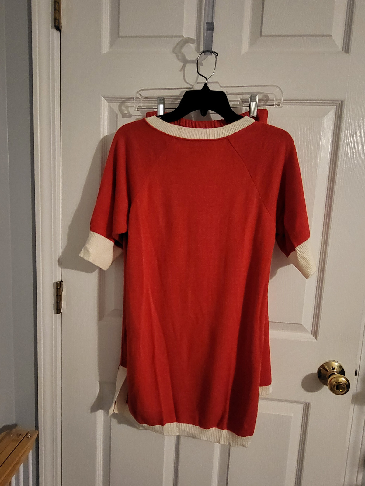 VINTAGE SCHRADER KNIT WOMENS RED SWEATER SKIRT 2 PC SET WHITE TRIM SZ 8 VGC