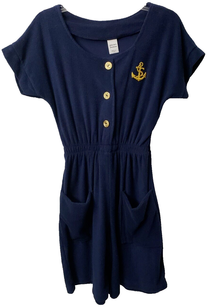 VTG 80s Terry Cloth Playsuit S Romper Navy Anchor Nautical Boating Coastal Beach