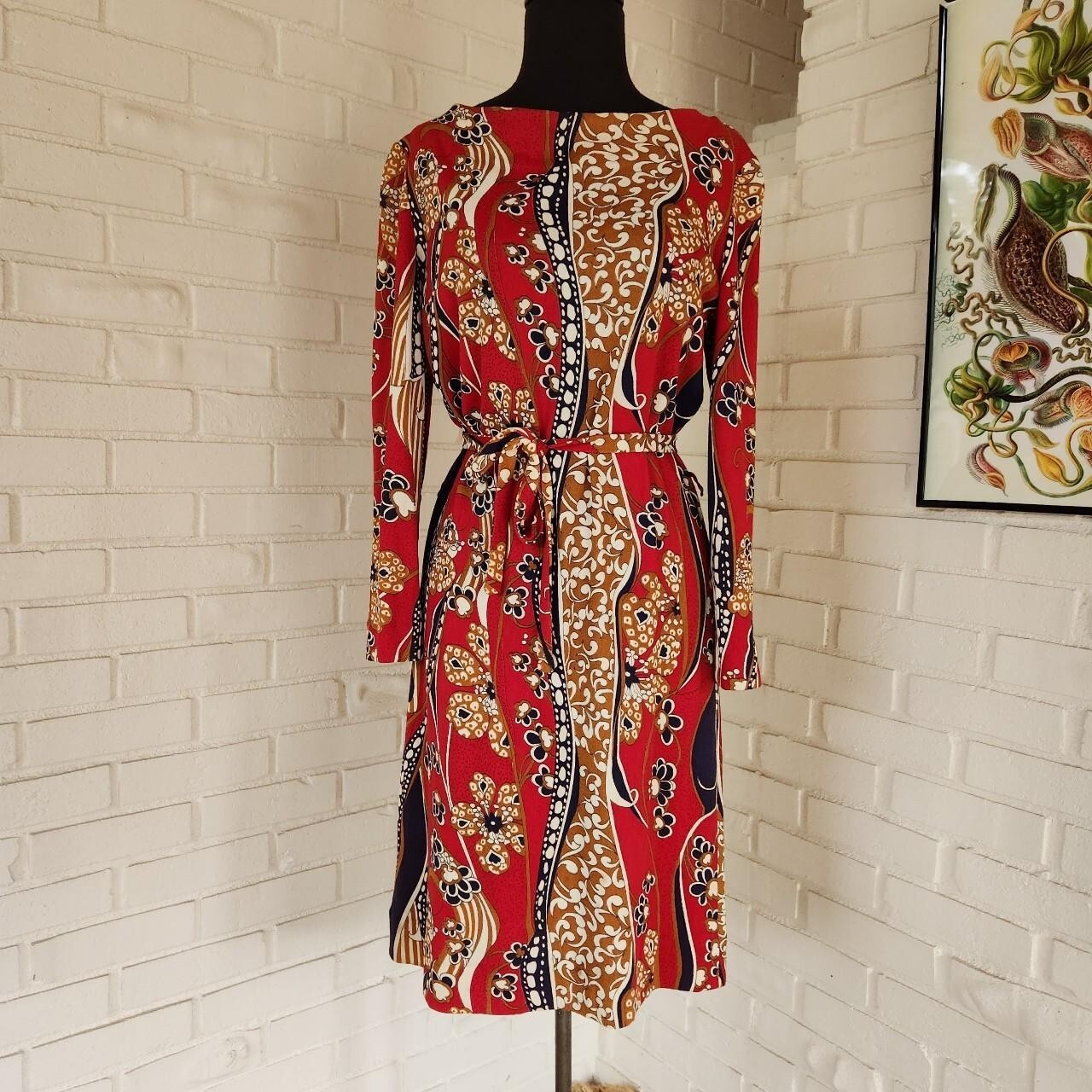 Vtg 60s 70s Dress Midi Size 14 Sacony Ciella Red Geo Floral Mod Gogo Disco