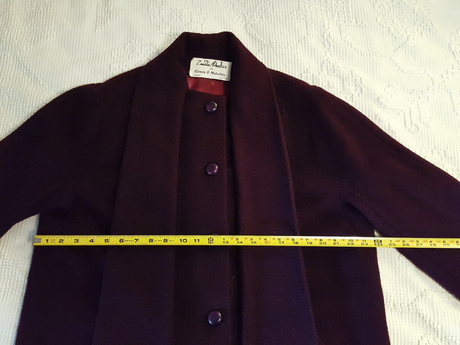 Zandra Rhodes Designer Ladies 100% Wool Coat, Vintage 1980s, Deep Burgandy Color