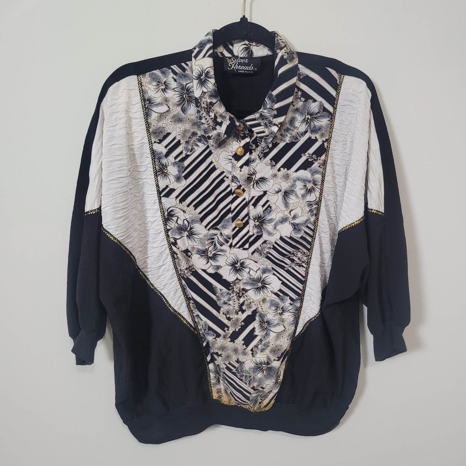 Silver Threads Ltd OS Vintage 80s Batwing Pullover Women Floral Striped Black