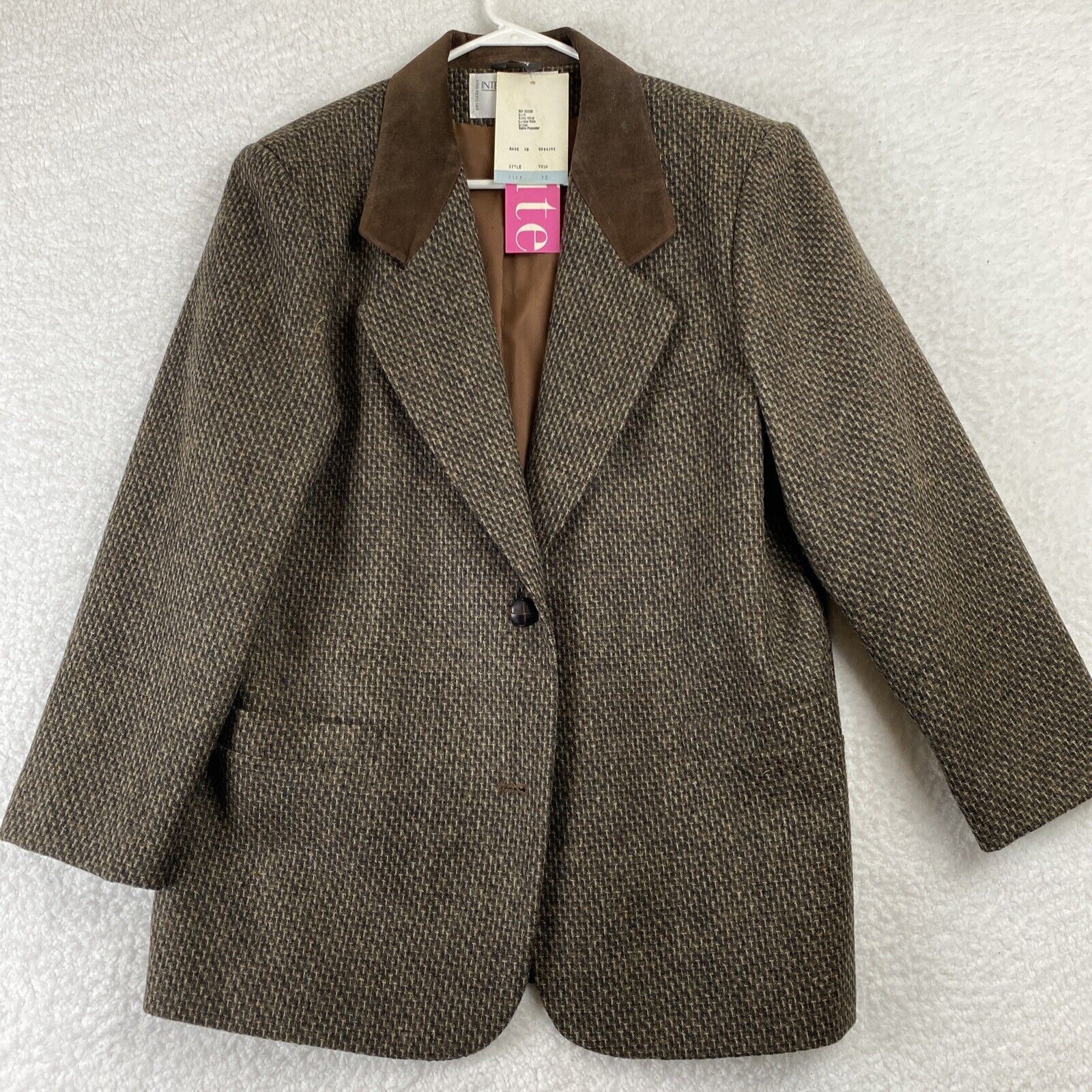 International Scene Wool Tweed Blazer Suede Collar Lined 12 Made Ukraine VTG