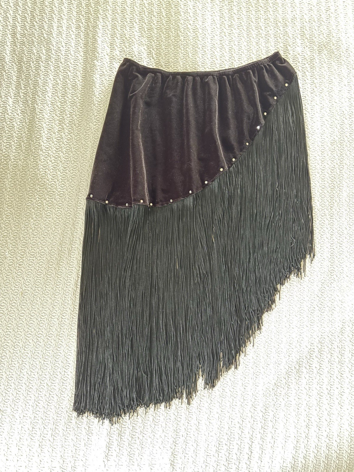 Vintage 90s Y2K Velvet Fringe Mini Skirt Strapless Top Mall Goth Club Boho Bling