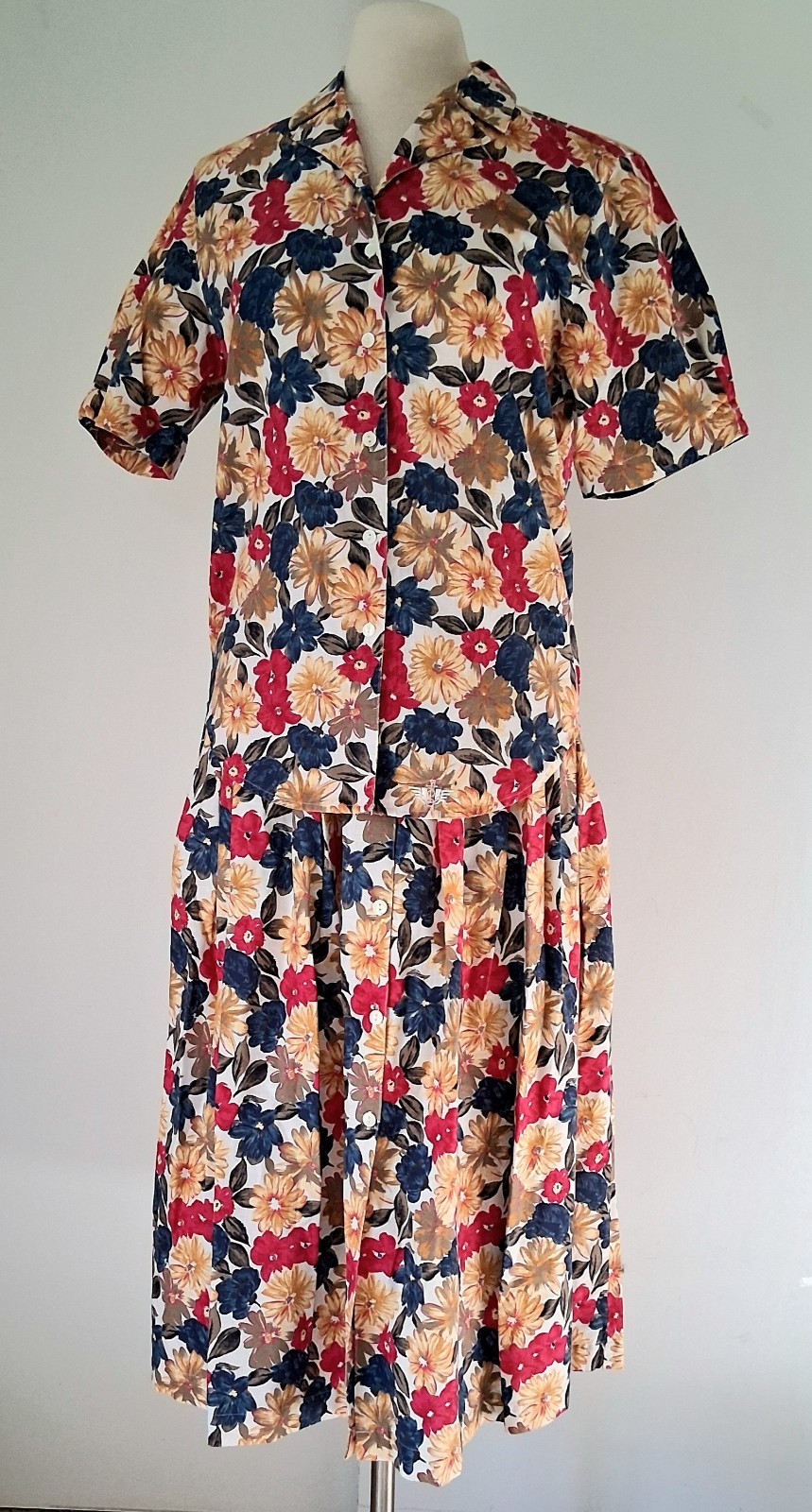 VTG Dockers 2Pc Pleated Skirt Button Up Top Floral Dress Outfit Size Small/XS