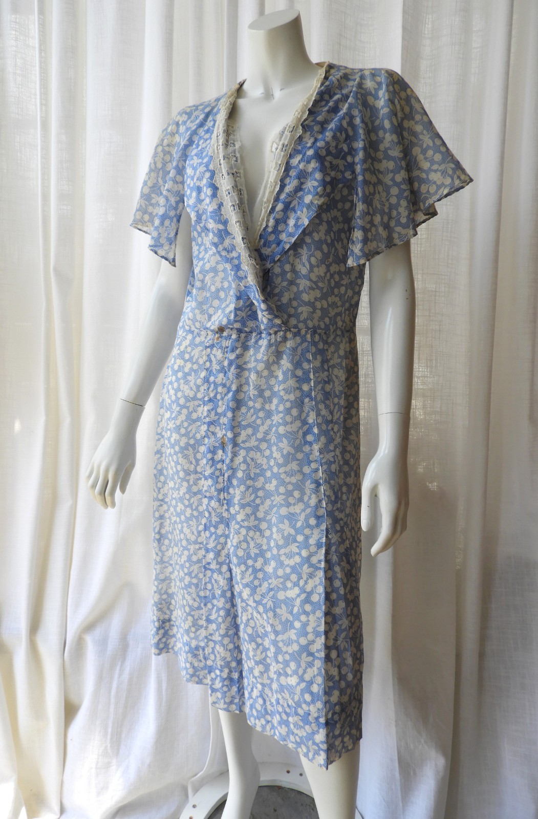 Vtg 1930’s Gatsby Ladies Blue White Cherries Cotton Day Dress sz M