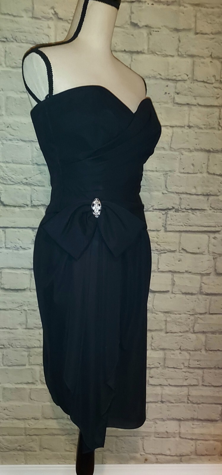Vintage A.J. Bari Black Strapless Bow Rhinestone Embellished Cocktail Dress 5/6