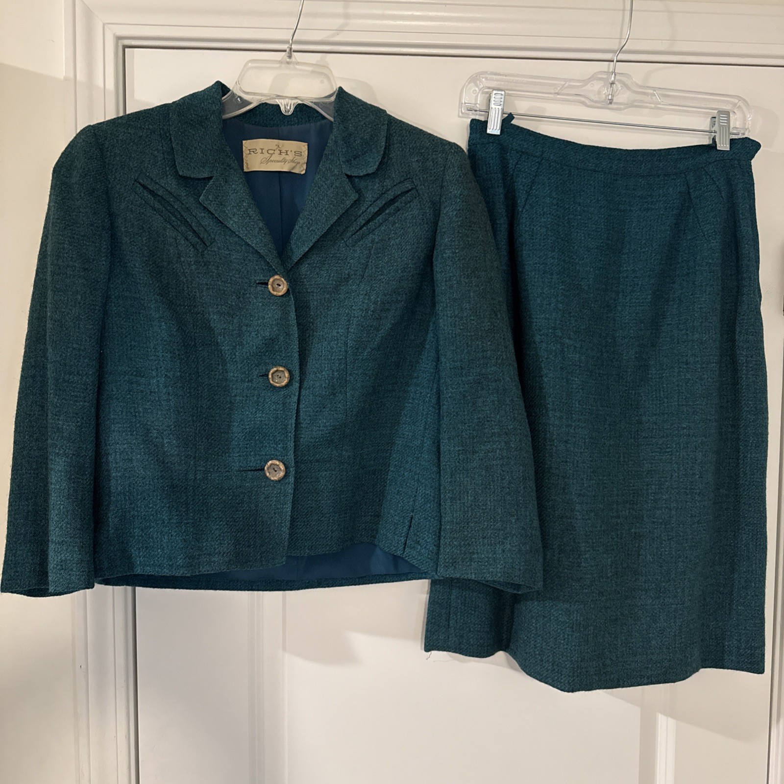 Women’s VTG 60s Wool 2-pc Suit Jacket & Skirt Dark Blue/Green SMALL