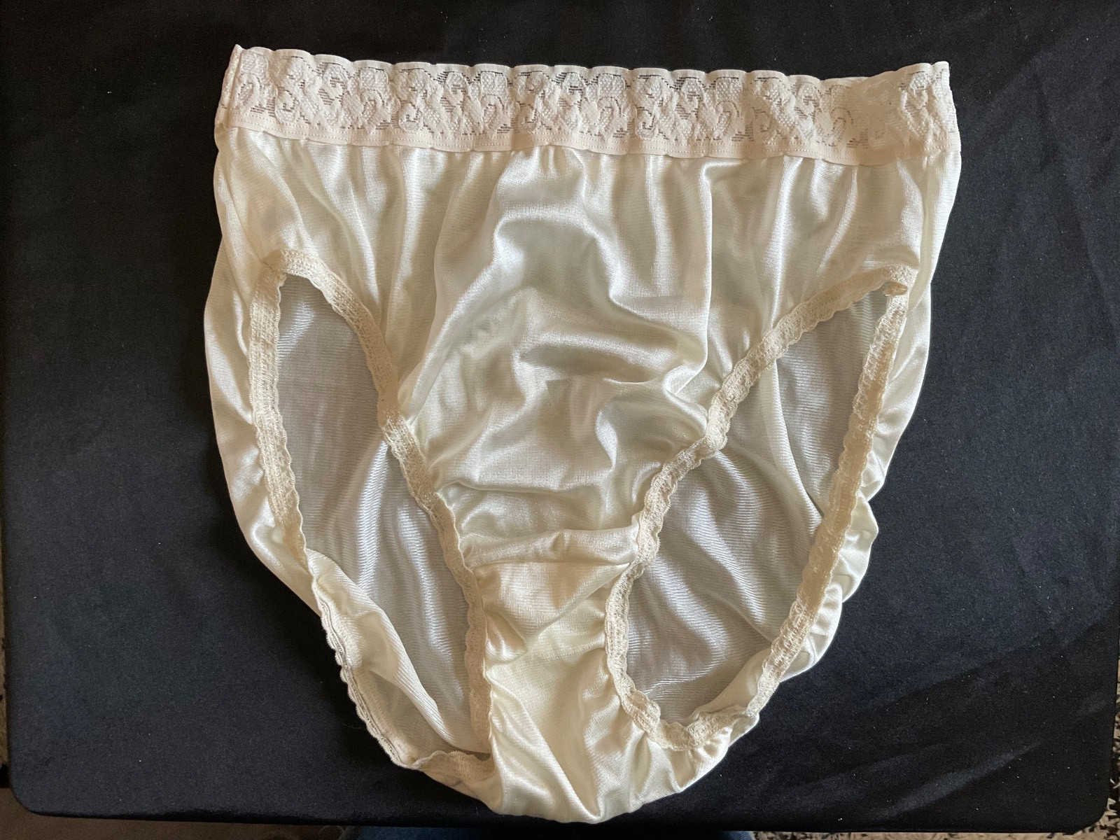 Vintage Hanes Pantie Silky Ivory Nylon Floral Lace Hi-Cut Bikini Panties Sz. 8
