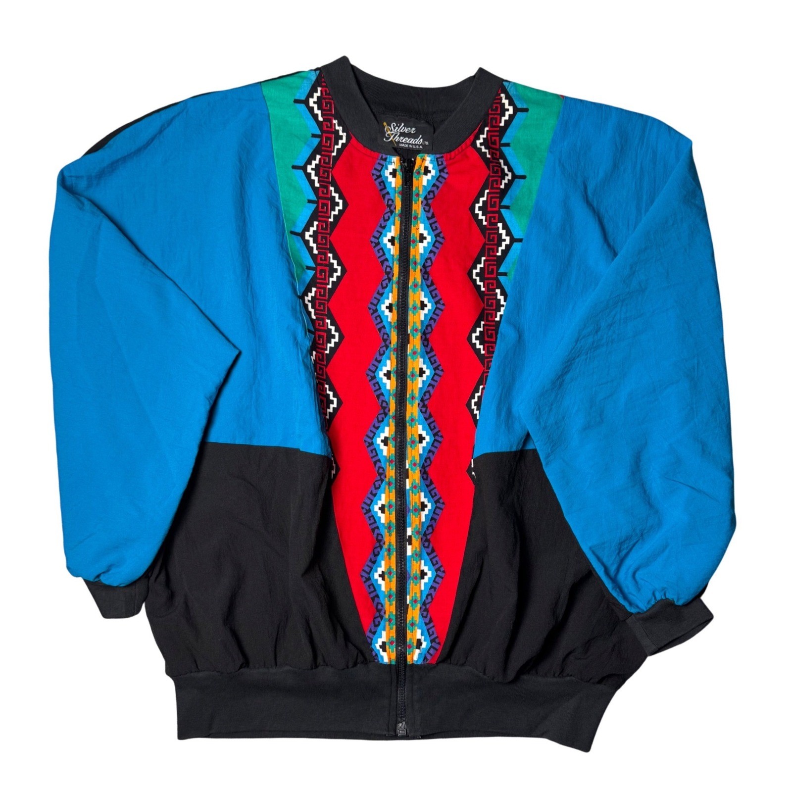 Silver Threads LTD Vintage 90s Southwestern Windbreaker Black Blue Quarter Zip