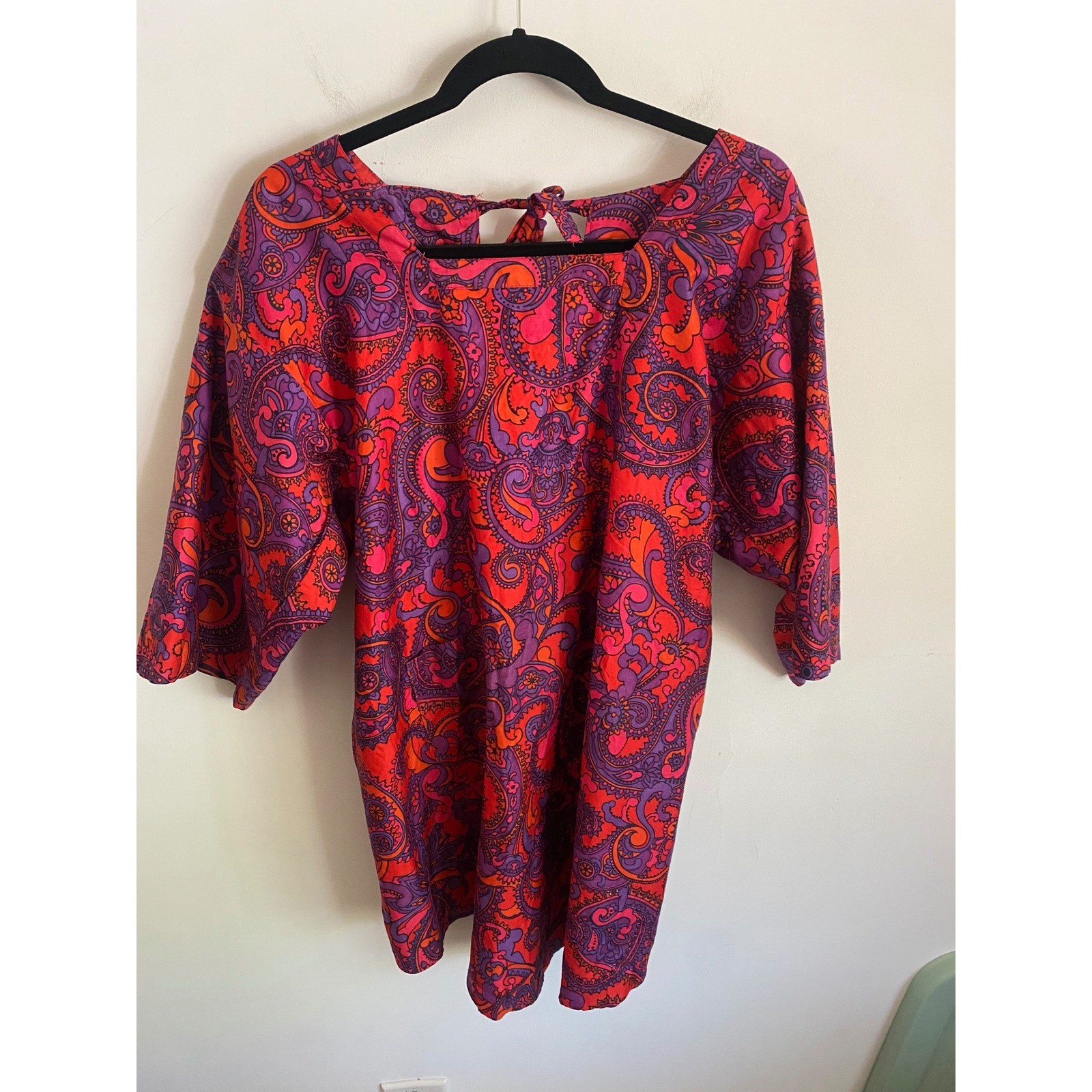 Vintage Design House Japan Cotton Paisley Open Back Tie Top Red Purple Orange