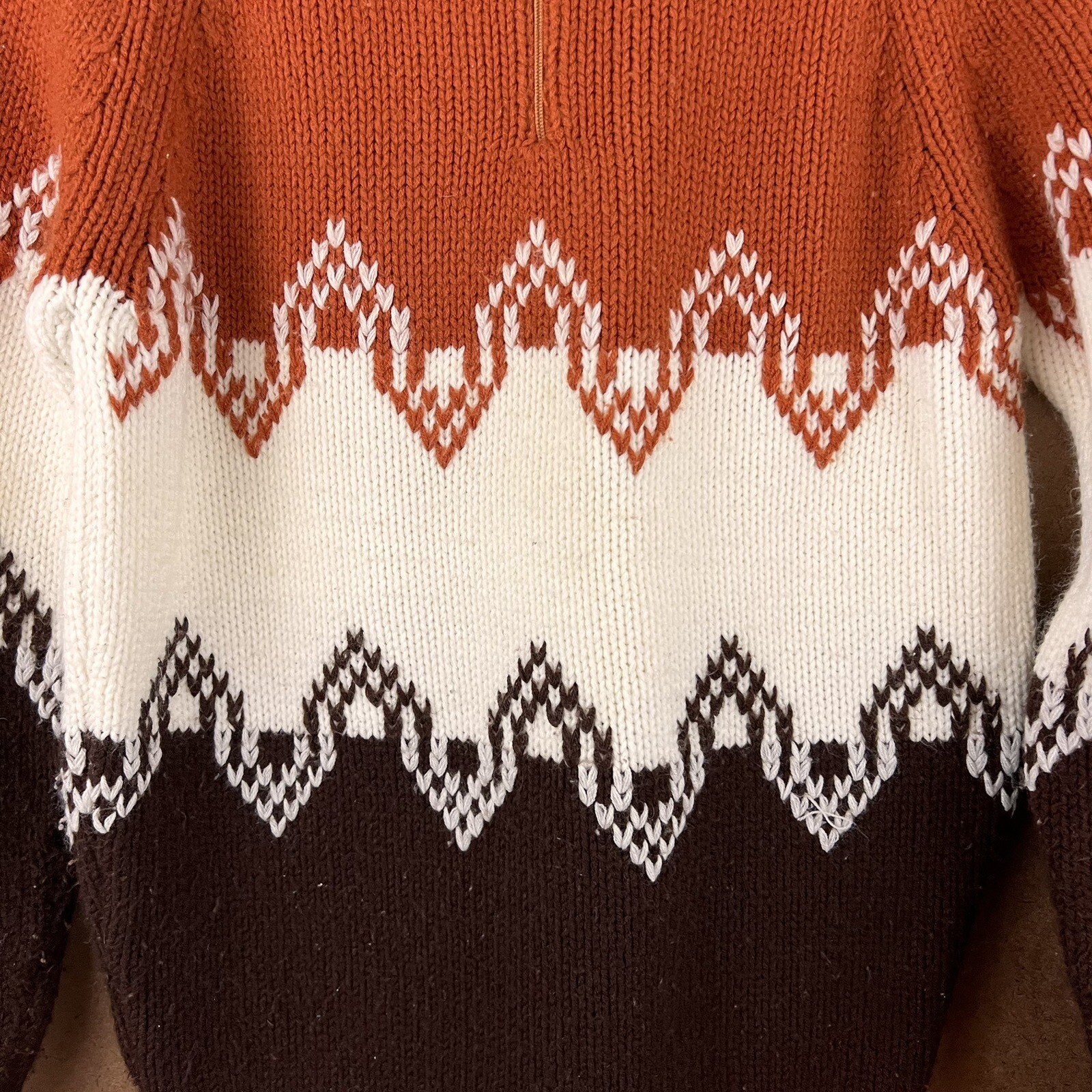 VTG 70s Full Fashion 1/4 Zip Acrylic Pullover Sweater Brown Orange White Small