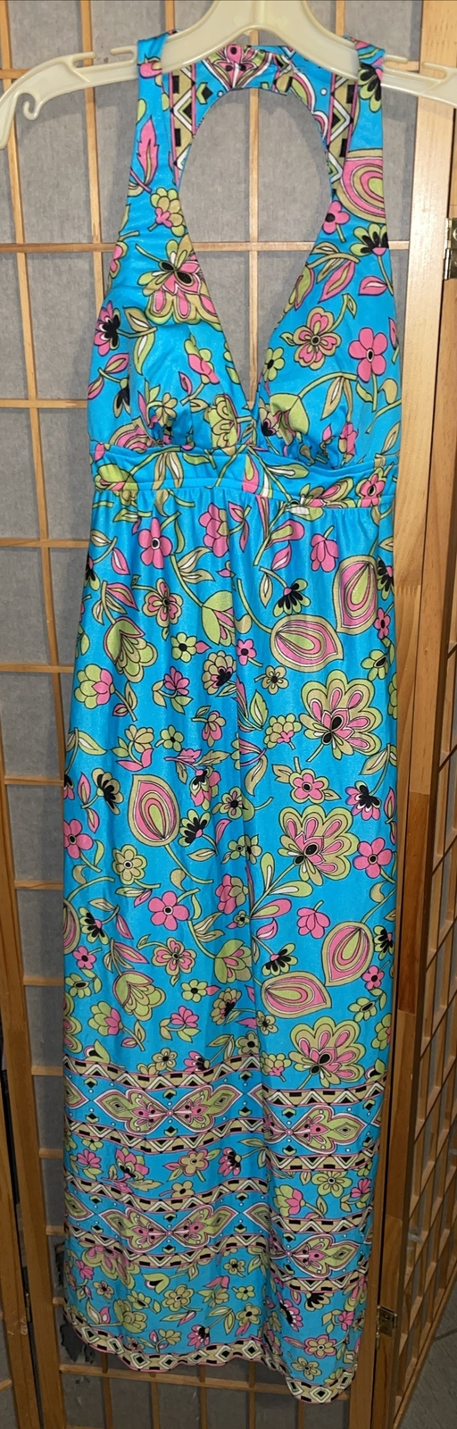 Vintage 70’s Catalina California Blue Floral Bra Top Maxi Beach Dress Size 12