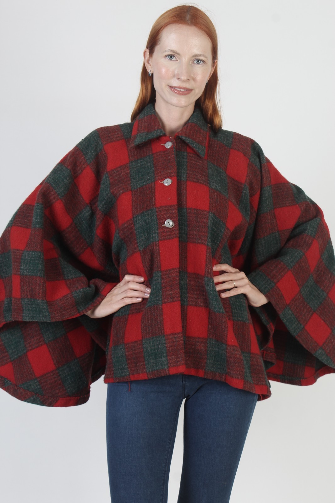Vintage 50s Tartan Plaid Cape Gingham Holiday Wool Cocoon Poncho Coat Jacket