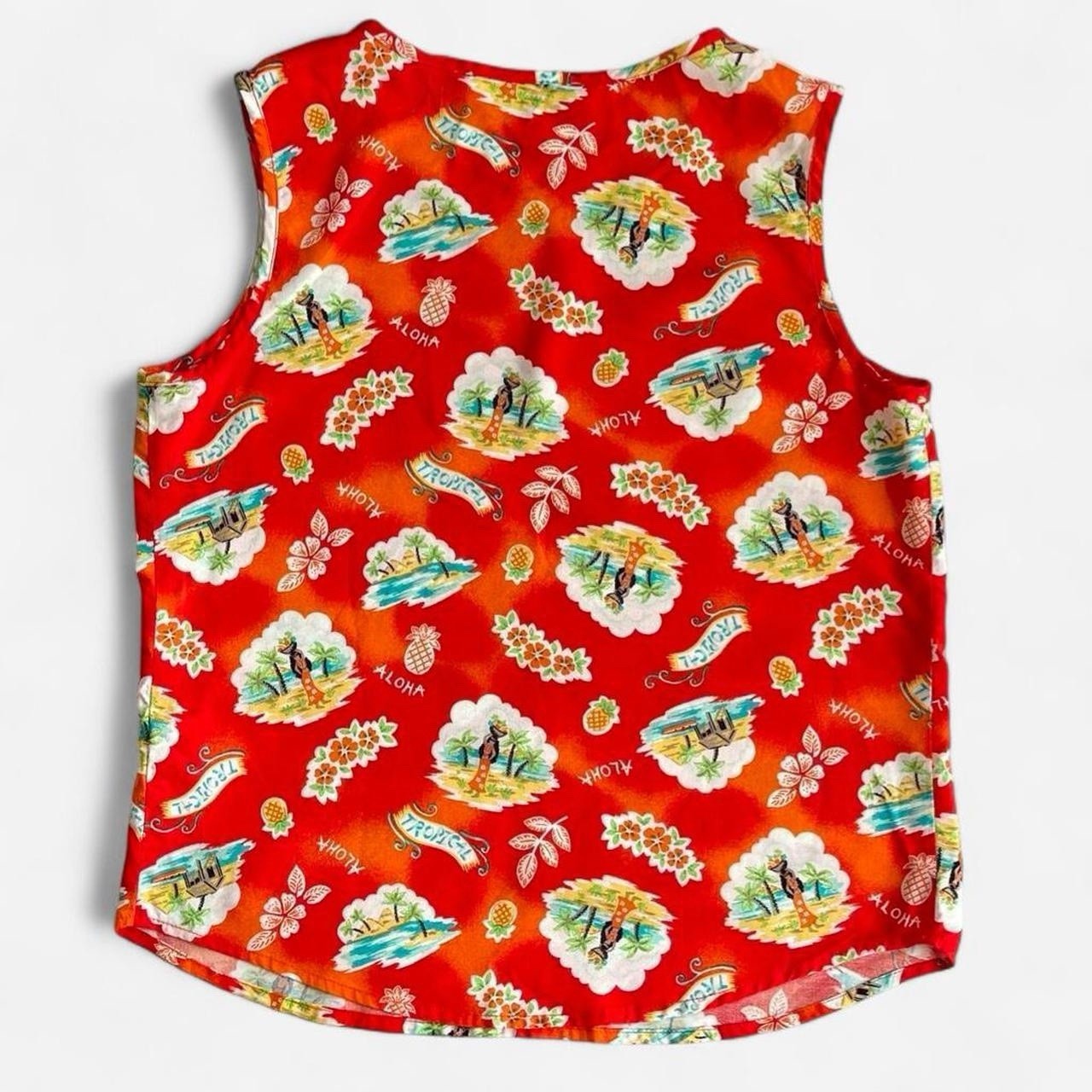 Vintage Howard Wolf Rayon Tropical Red Aloha Hawaiian Hula Dancer Tank Top