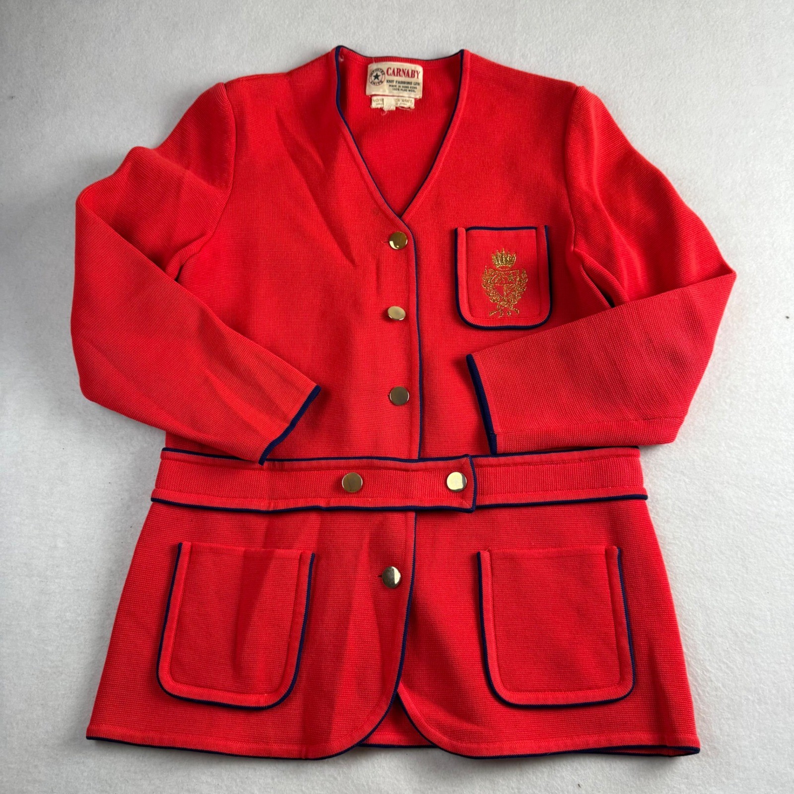 Vintage 60s Carnaby Red Wool Preppy Cardigan Navy Trim Gold Crest Buttons Sz 12
