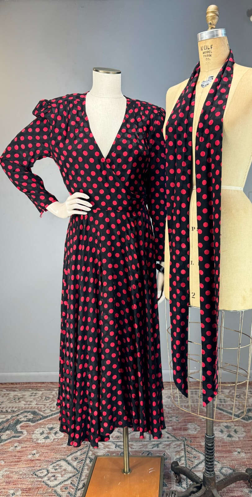 80s Silk Designer Wrap Shirt Dress Albert Nipon Polka Dot Red Black 200+ sweep!!